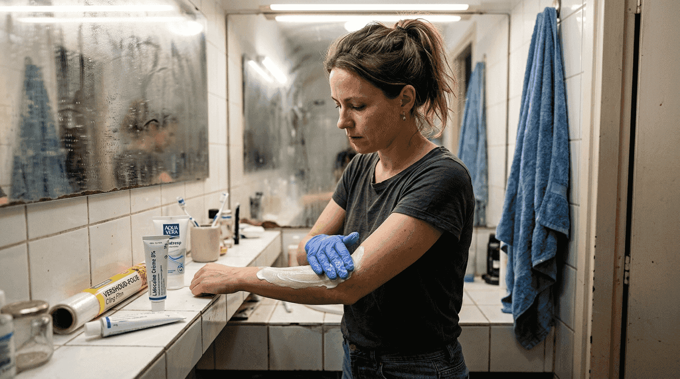 Iemand brengt een verdovende crème aan op de huid ter voorbereiding.