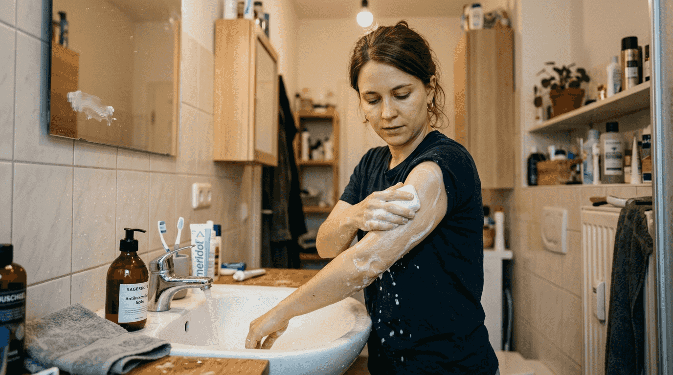 Eine Frau desinfiziert ihren Arm, um sich auf das Tätowieren vorzubereiten.