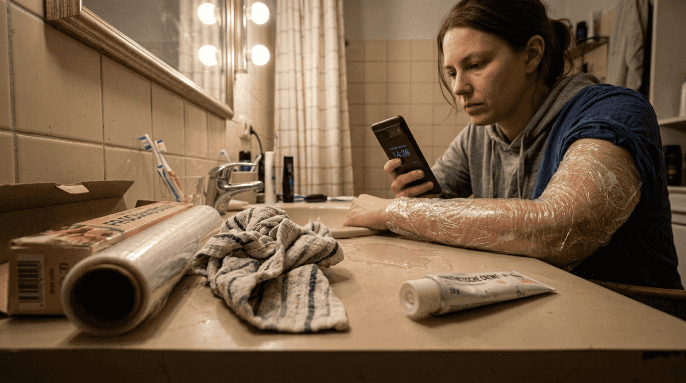 Die Kundin wartet darauf, dass die Betäubungscreme einwirkt – die Zeit läuft auf der Uhr.