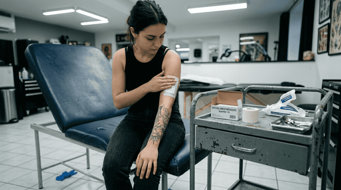 Une personne pose un patch anesthésiant sur le haut du bras.