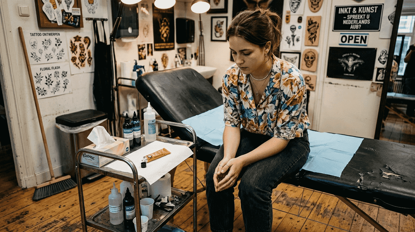 Vrouw maakt zich rustig klaar voor haar tatoeagesessie
