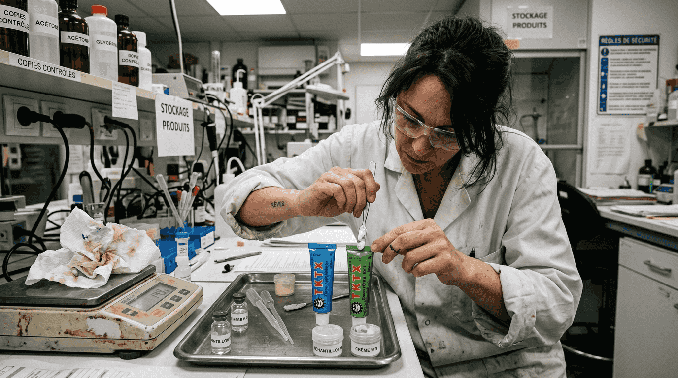 Un technicien de laboratoire analyse des échantillons de crème pour tatouage.