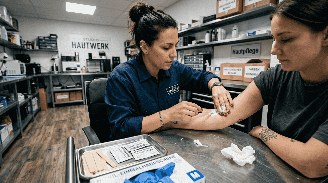 Die Studiofachkraft trägt eine betäubende Creme auf.