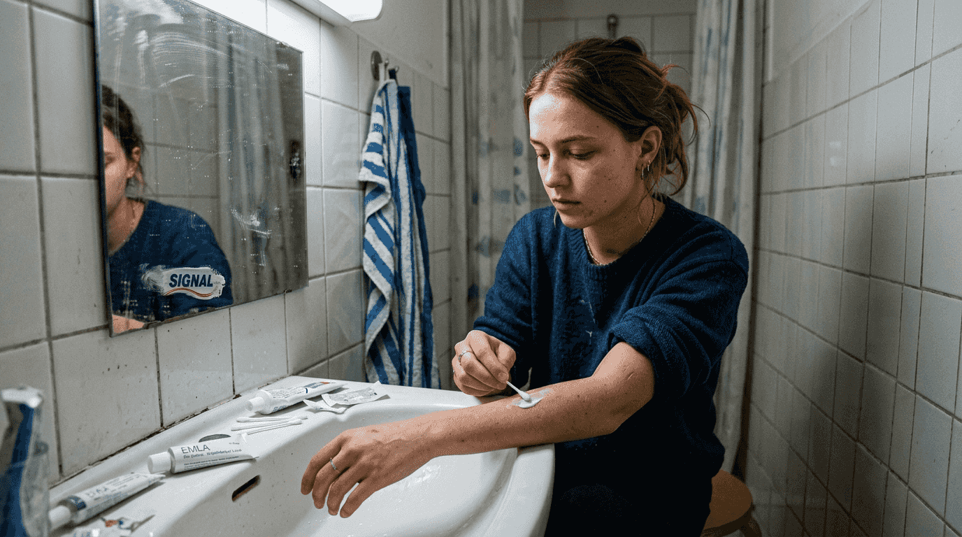 Pose de crème anesthésiante sur l’avant-bras