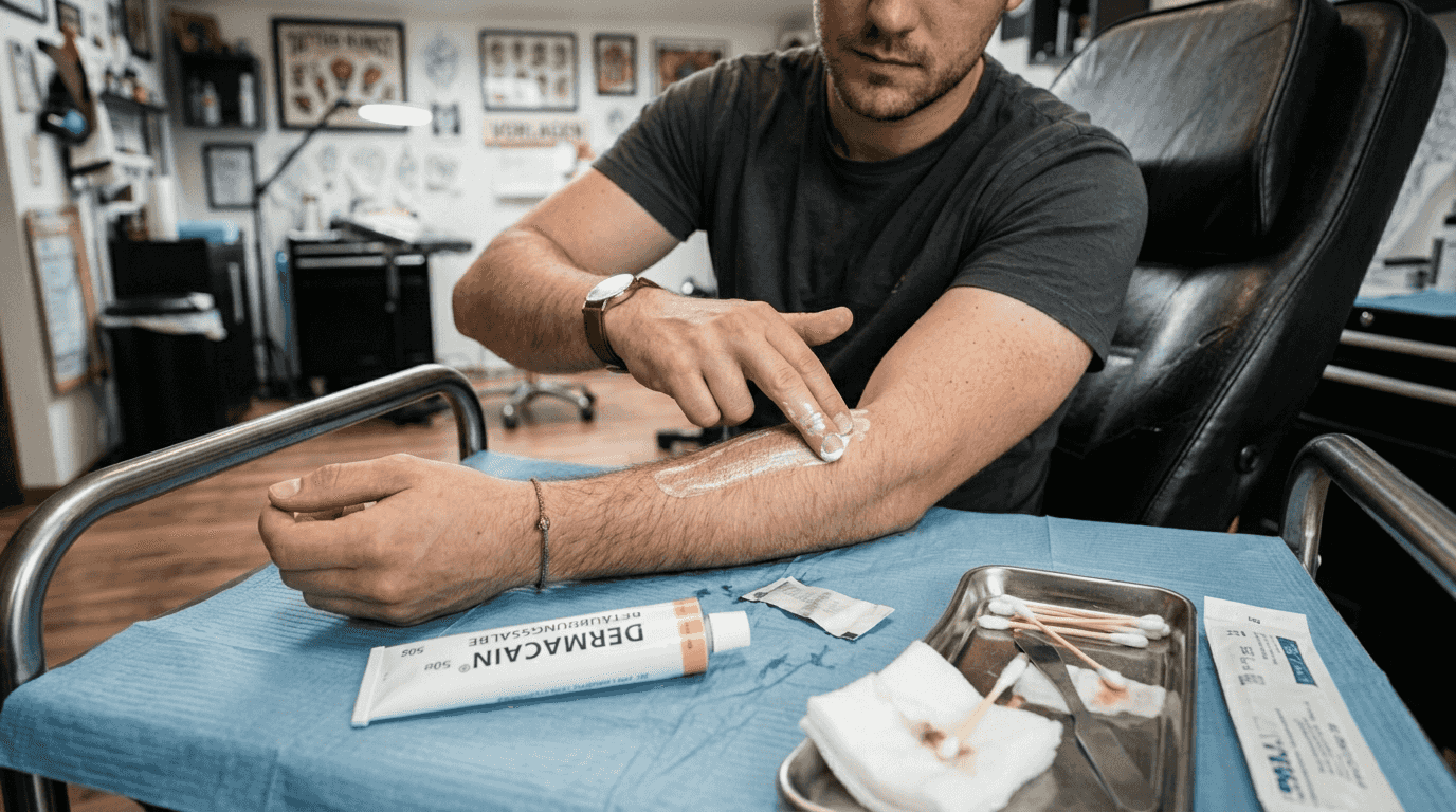 Ein Kunde trägt vor dem Tätowieren Dermacain-Creme auf die Haut auf.