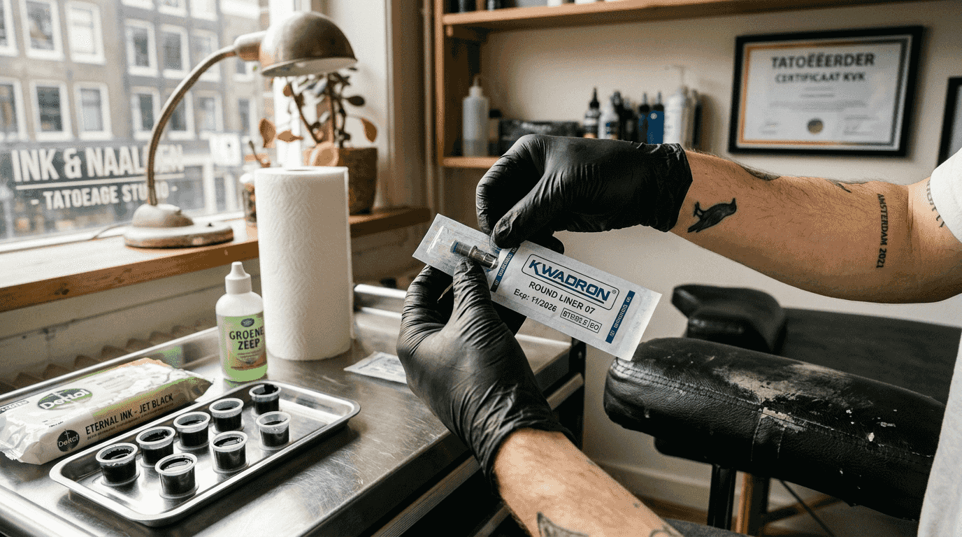 De tatoeëerder maakt een steriele naaldhouder klaar voor gebruik.