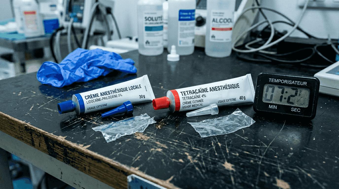 Deux tubes de crème anesthésiante sont posés sur la table.