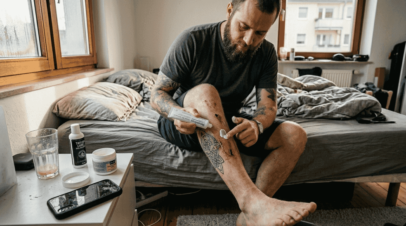 Ein Mann cremt sein frisch gestochenes Tattoo an der Wade sorgfältig ein, um die Heilung zu unterstützen.