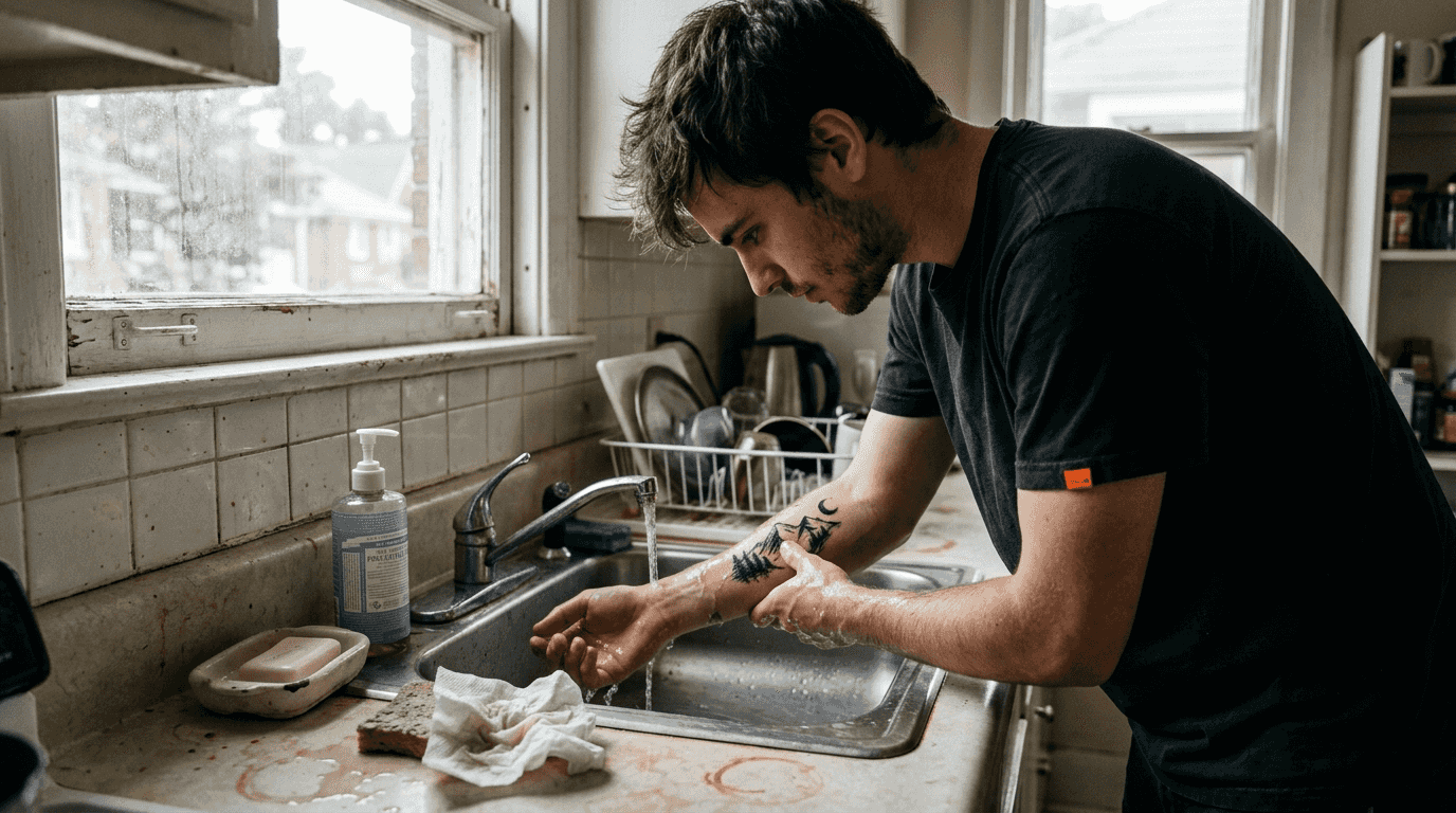 Person over washing healing tattoo in kitchen