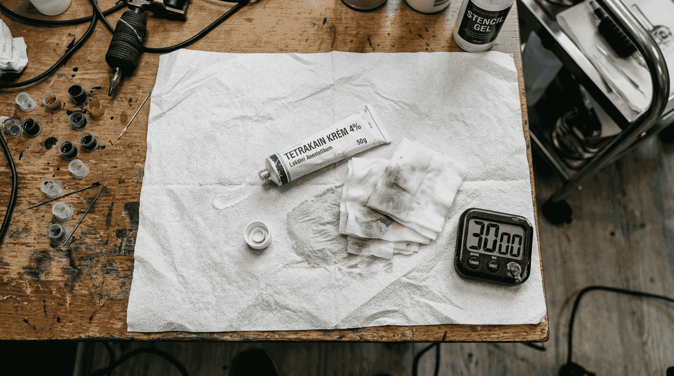 Na stole leží krém s tetrakainem a vedle něj je nastavený časovač.