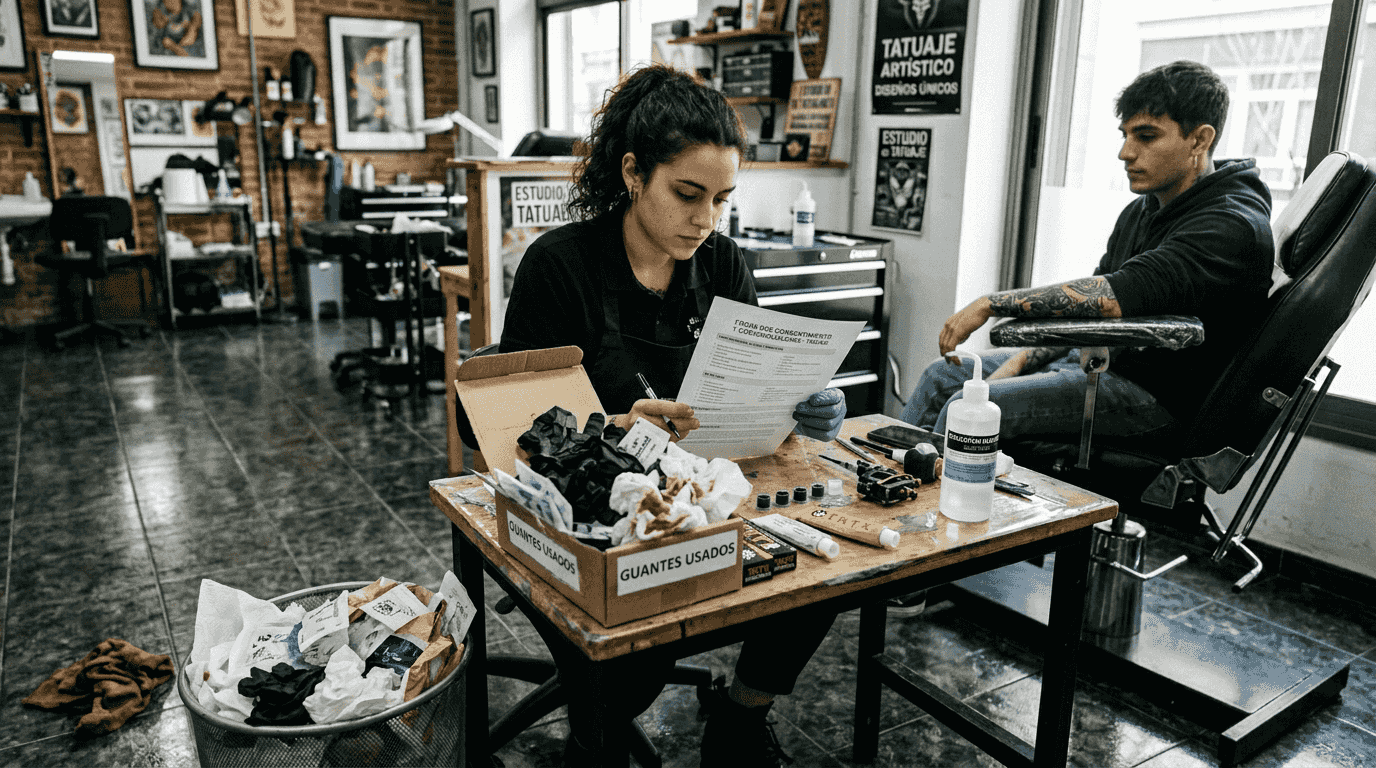 Tatuadora revisando las recomendaciones de uso de la anestesia tópica antes de empezar la sesión