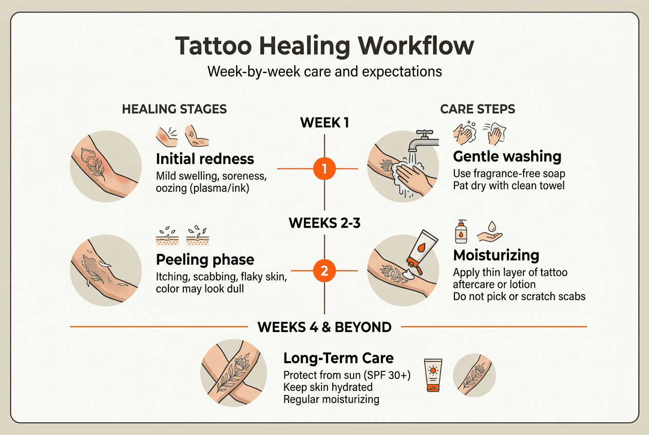 Infographic showing tattoo healing stages and steps