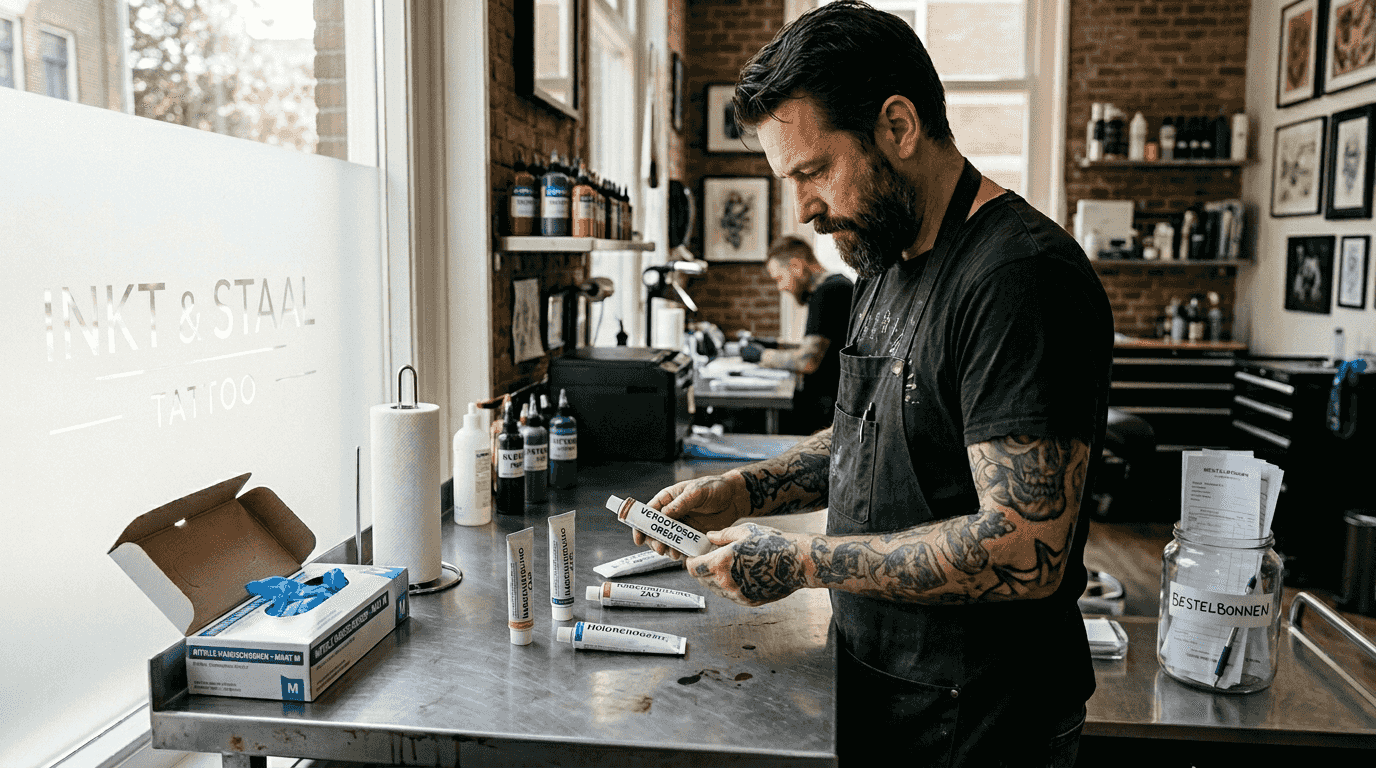 Een tatoeëerder bekijkt verschillende verdovende crèmes in de studio om de beste optie te kiezen.