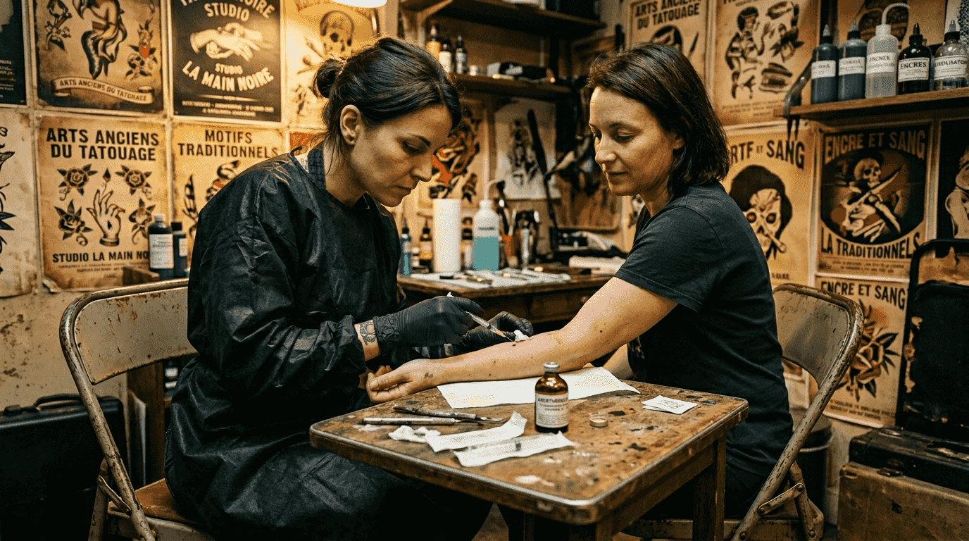 Tatoueuse en train d’administrer une injection anesthésiante dans le bras d’un client