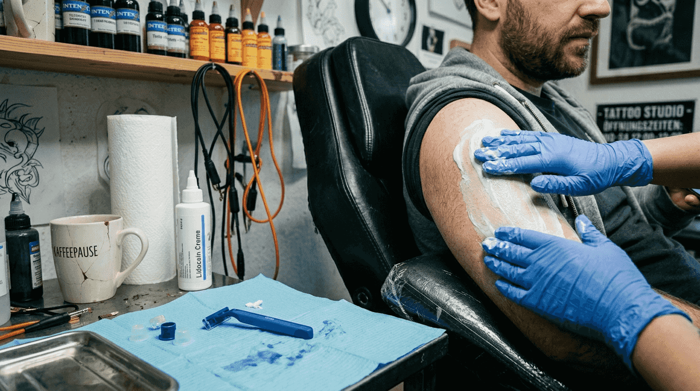 Vor dem Tätowieren wird bei unseren Kunden eine betäubende Creme aufgetragen, um das Schmerzempfinden zu reduzieren.