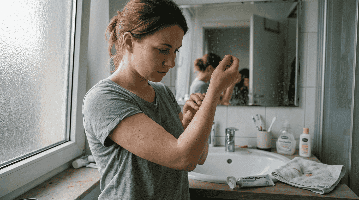 Eine Frau untersucht ihre Haut auf Reizungen, nachdem sie eine betäubende Creme aufgetragen hat.