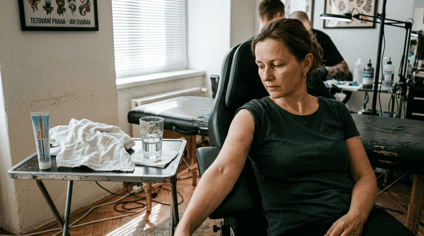 Zákazník si připravuje pokožku na aplikaci znecitlivujícího gelu před tetováním.