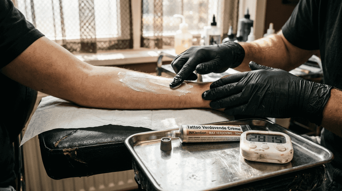 De tatoeëerder brengt verdovende crème aan en zet er een timer bij zodat je precies kunt zien hoelang het moet intrekken.