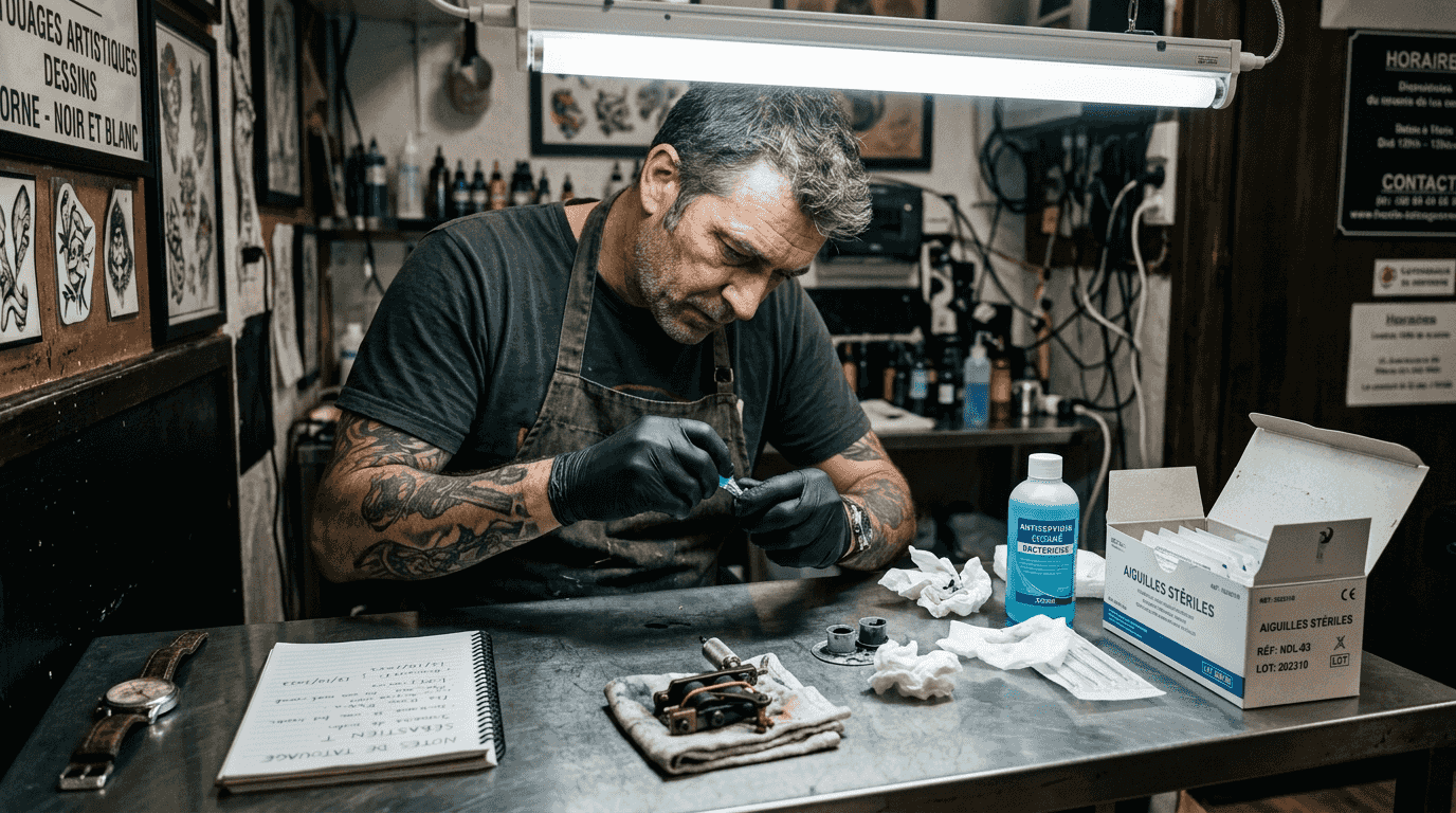 Un tatoueur en pleine préparation, réglant soigneusement son aiguille et disposant son matériel avant de commencer la séance.