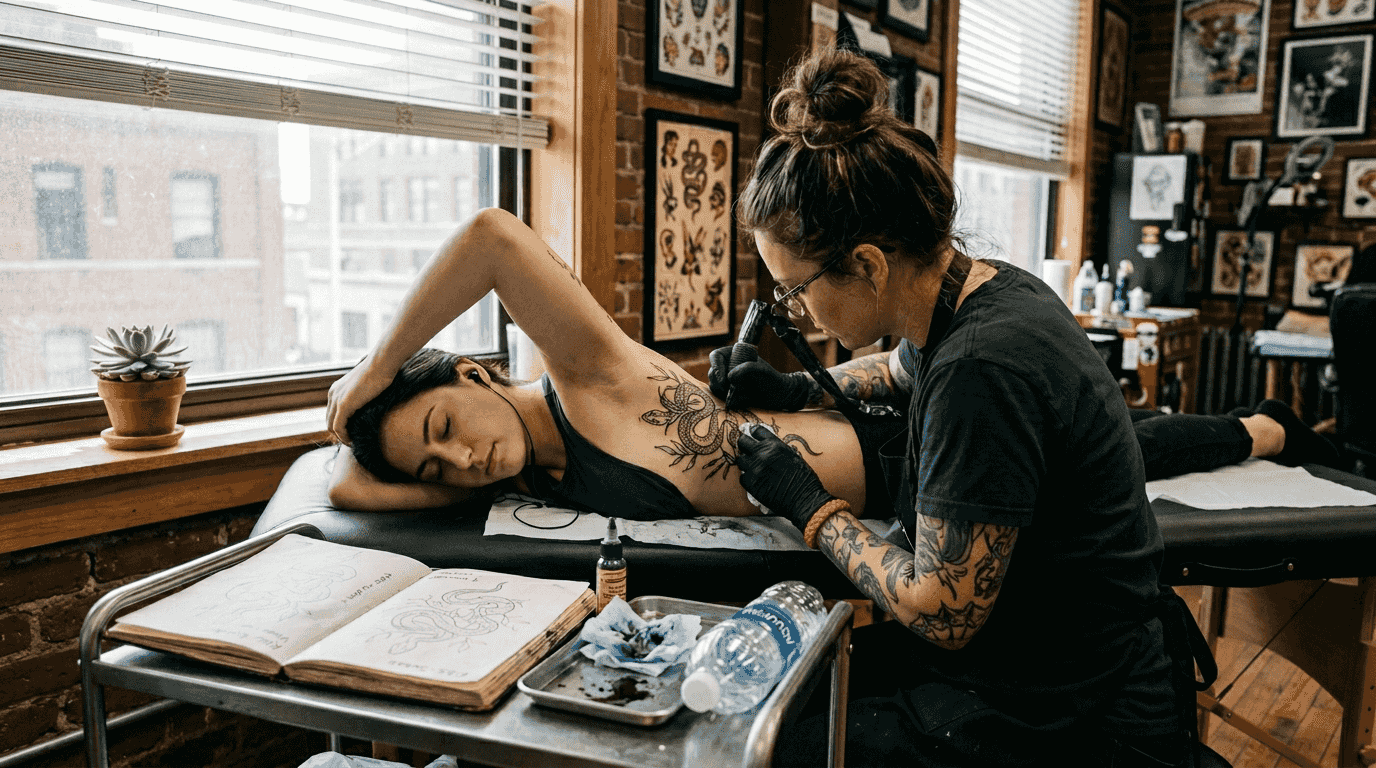 Comfortable client receiving rib tattoo in studio
