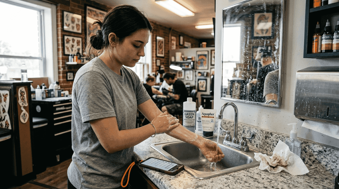 Preparing skin cleaning before tattoo session