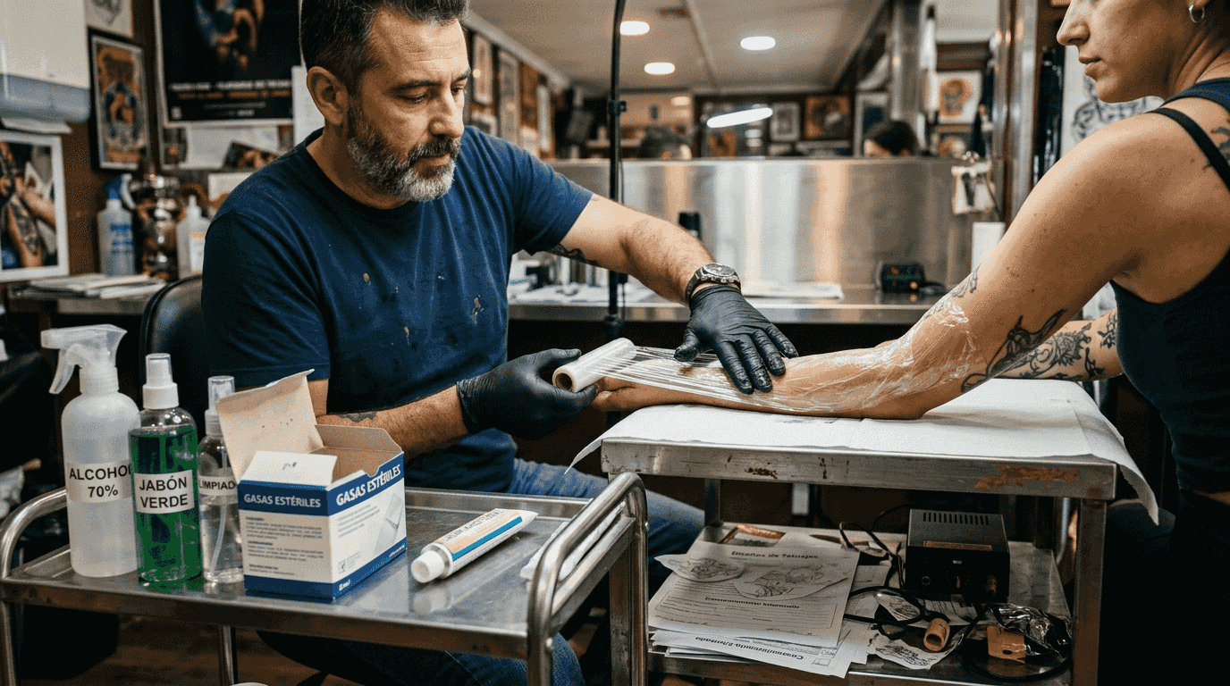 El tatuador cubre el tatuaje con film transparente después de aplicar la crema.