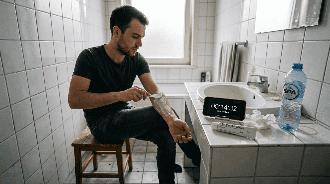 Een man smeert verdovende crème op zijn arm.