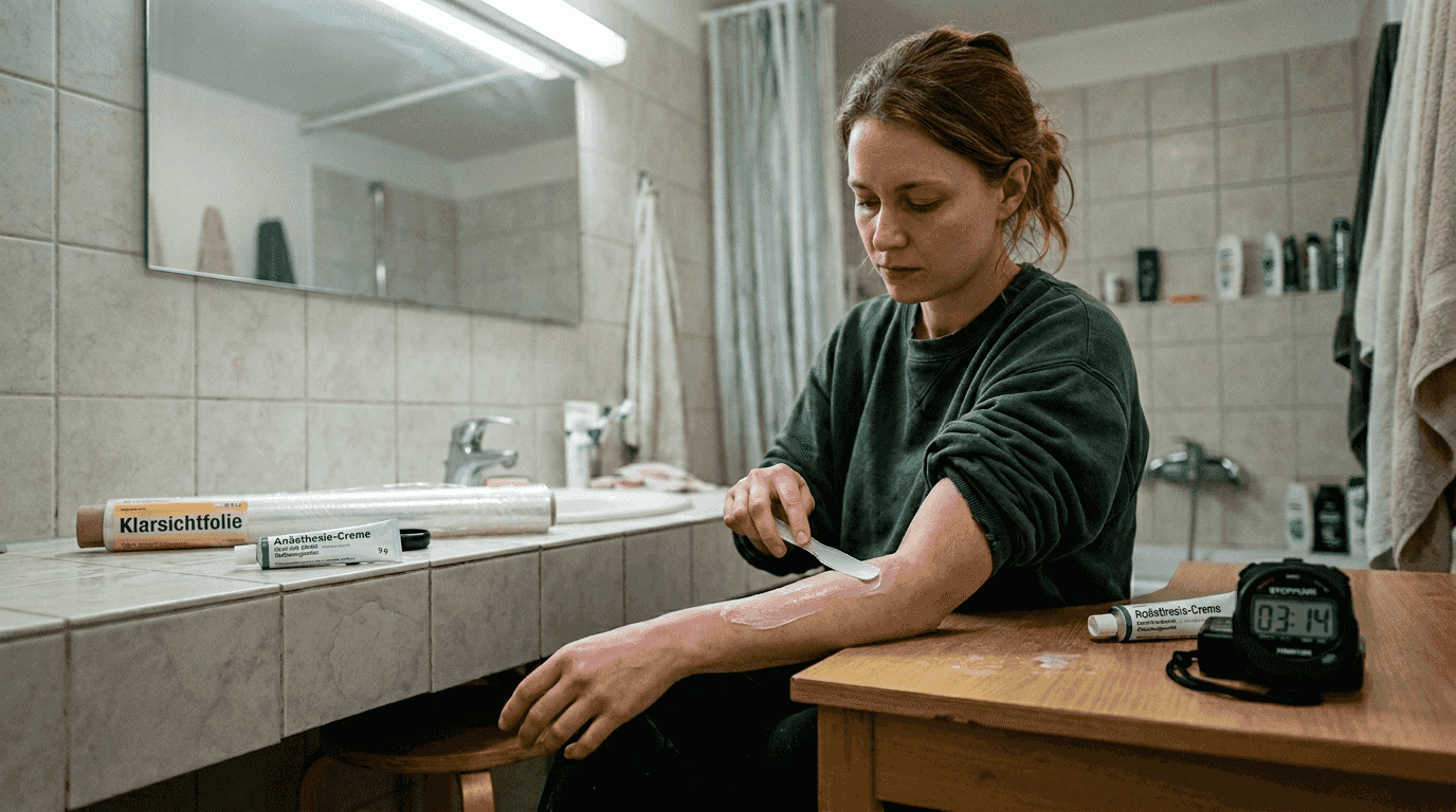 Eine Frau trägt vor dem Tätowieren eine betäubende Creme auf die Haut auf.