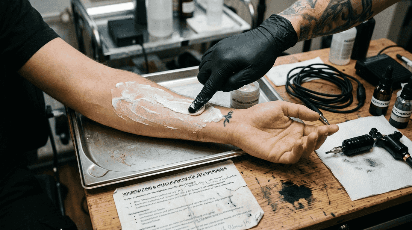 Die Verwendung von betäubender Creme während des Tätowierens