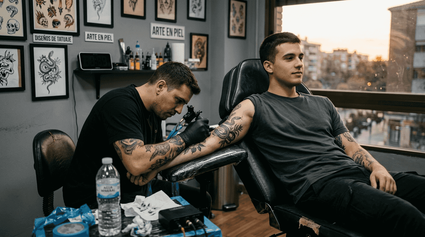 Tatuaje colocado en la parte externa del brazo, con el brazo en posición relajada.