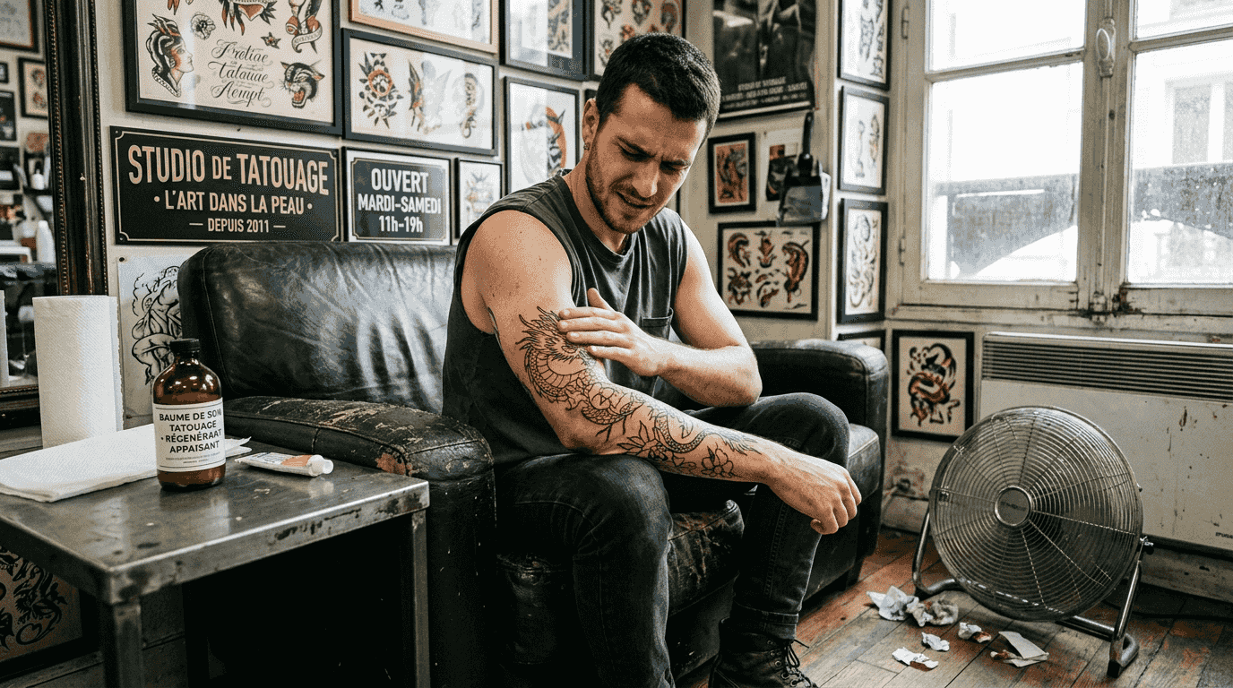 Un client grimace en touchant son avant-bras fraîchement tatoué, ressentant la douleur du tatouage.