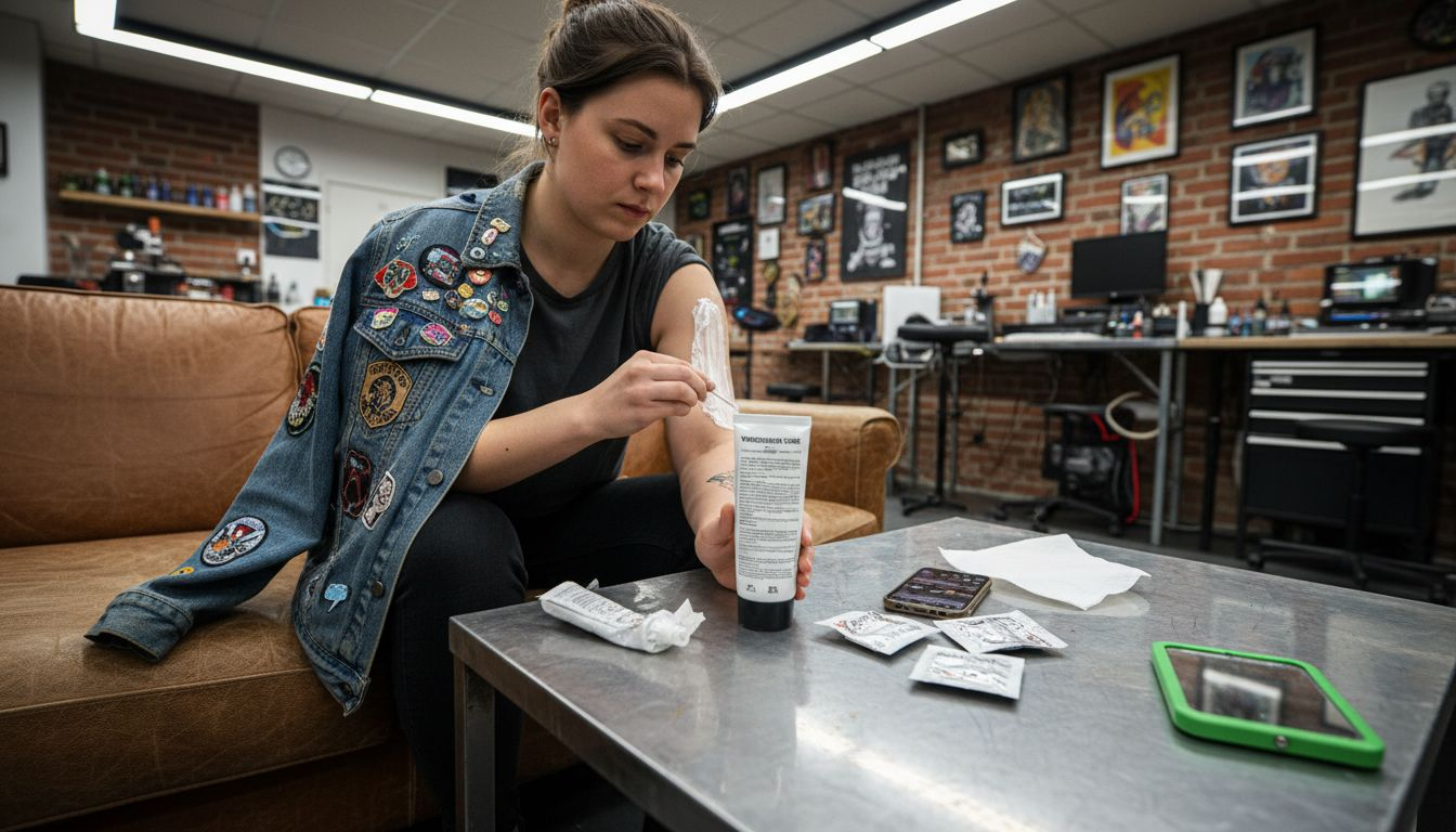 Voordat ze een tattoo laat zetten, smeert deze vrouw eerst een verdovende crème op haar huid.