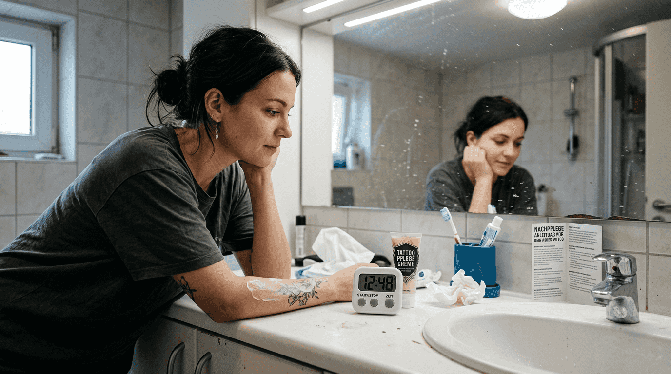 Eine Frau achtet darauf, wie lange die Creme einwirken muss, und behält dabei den Timer im Blick.