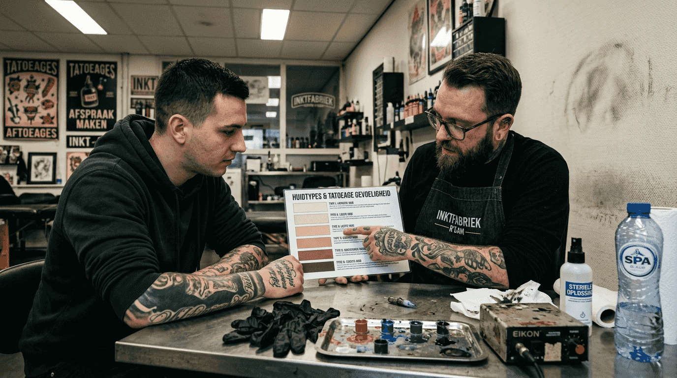 Een tatoeëerder vertelt over verschillende huidtypes en gevoelloosheid tijdens het zetten van tatoeages.