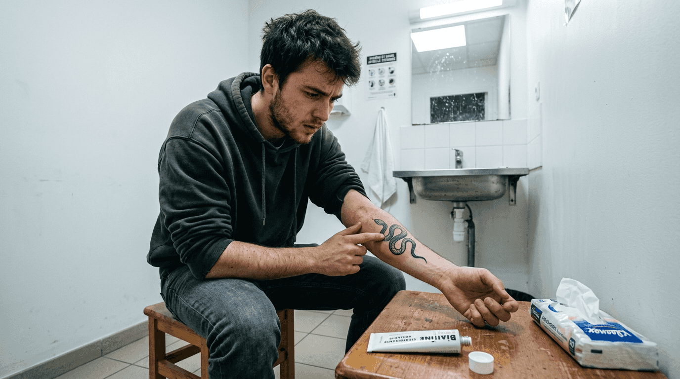 Un homme préoccupé examine sa peau autour de son tatouage pour s'assurer qu'il n'a pas de réaction.