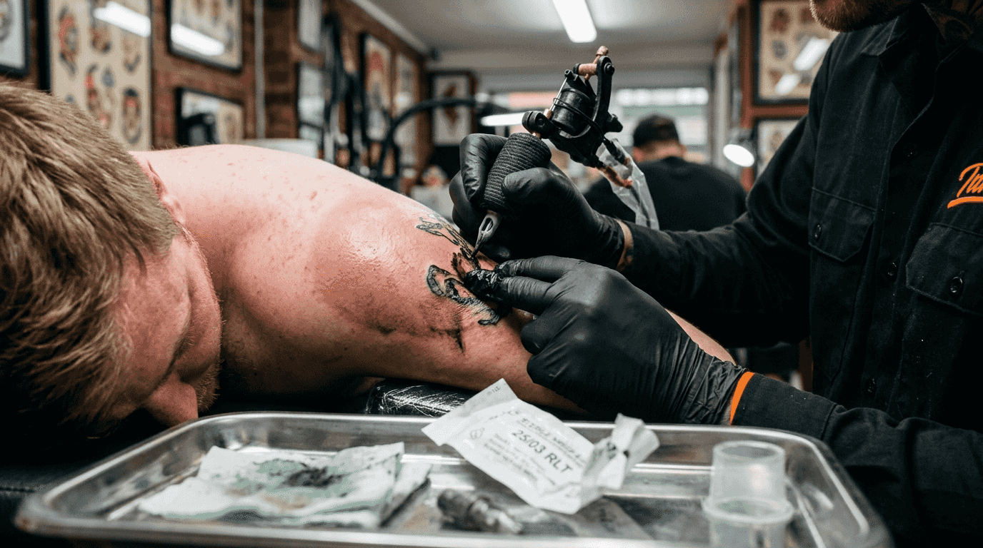 Tattoo needle working on swollen numb skin