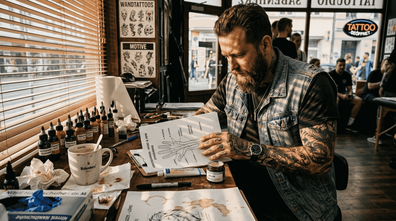 Ein Tätowierer wirft einen Blick auf die Anleitung zur Anwendung der Betäubungscreme.