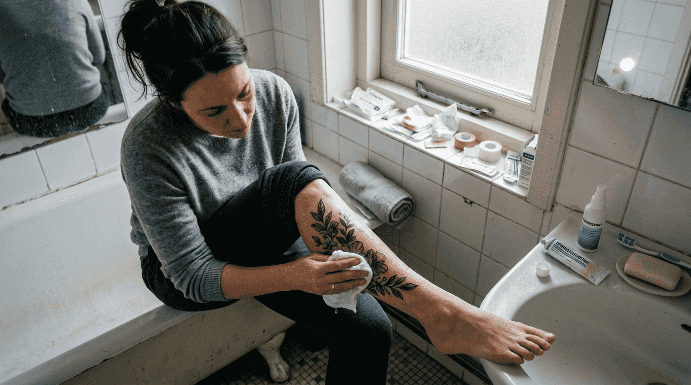 Vrouw verdiept zich in huidherstel na het zetten van een tatoeage