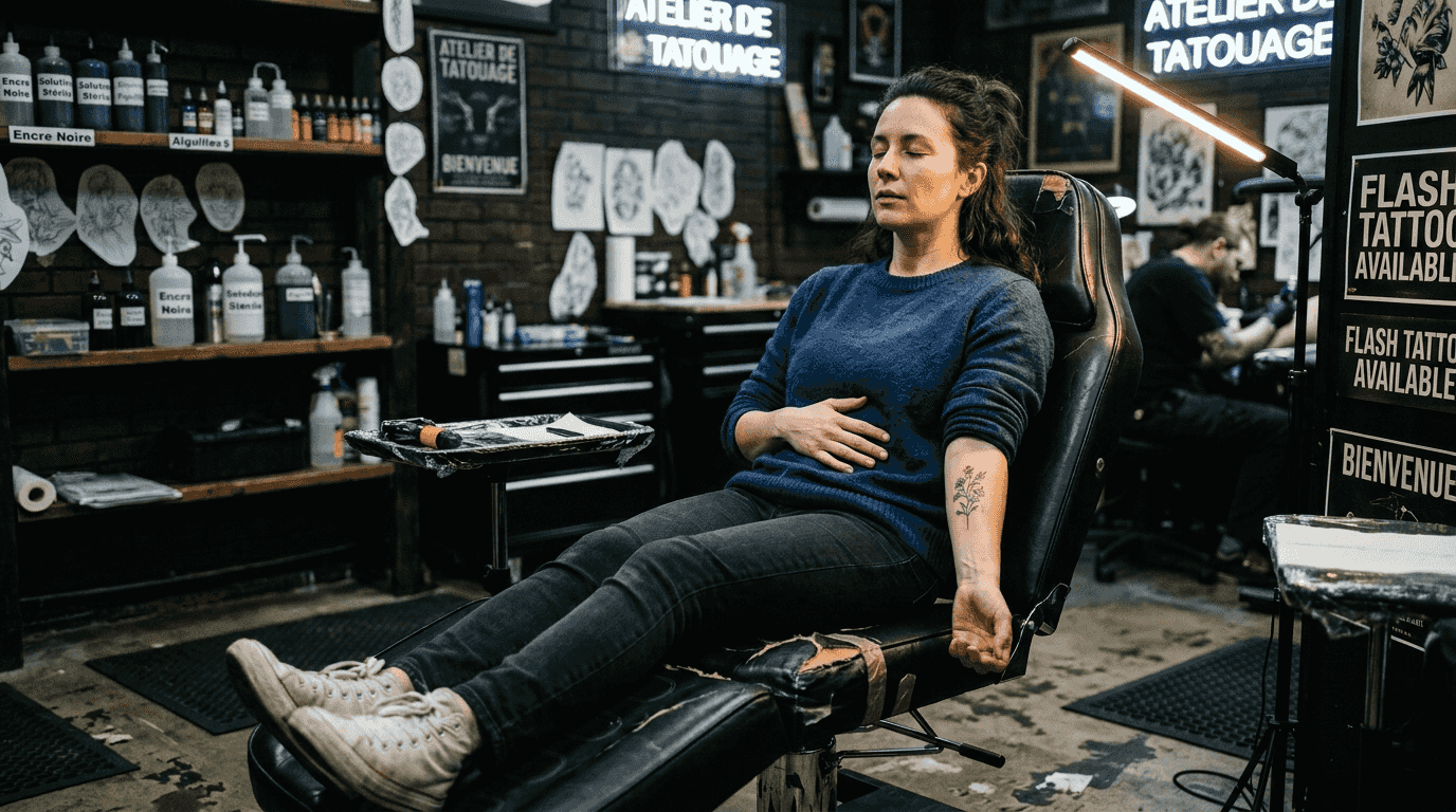 Une femme prend une grande inspiration pour se préparer à la douleur du tatouage.
