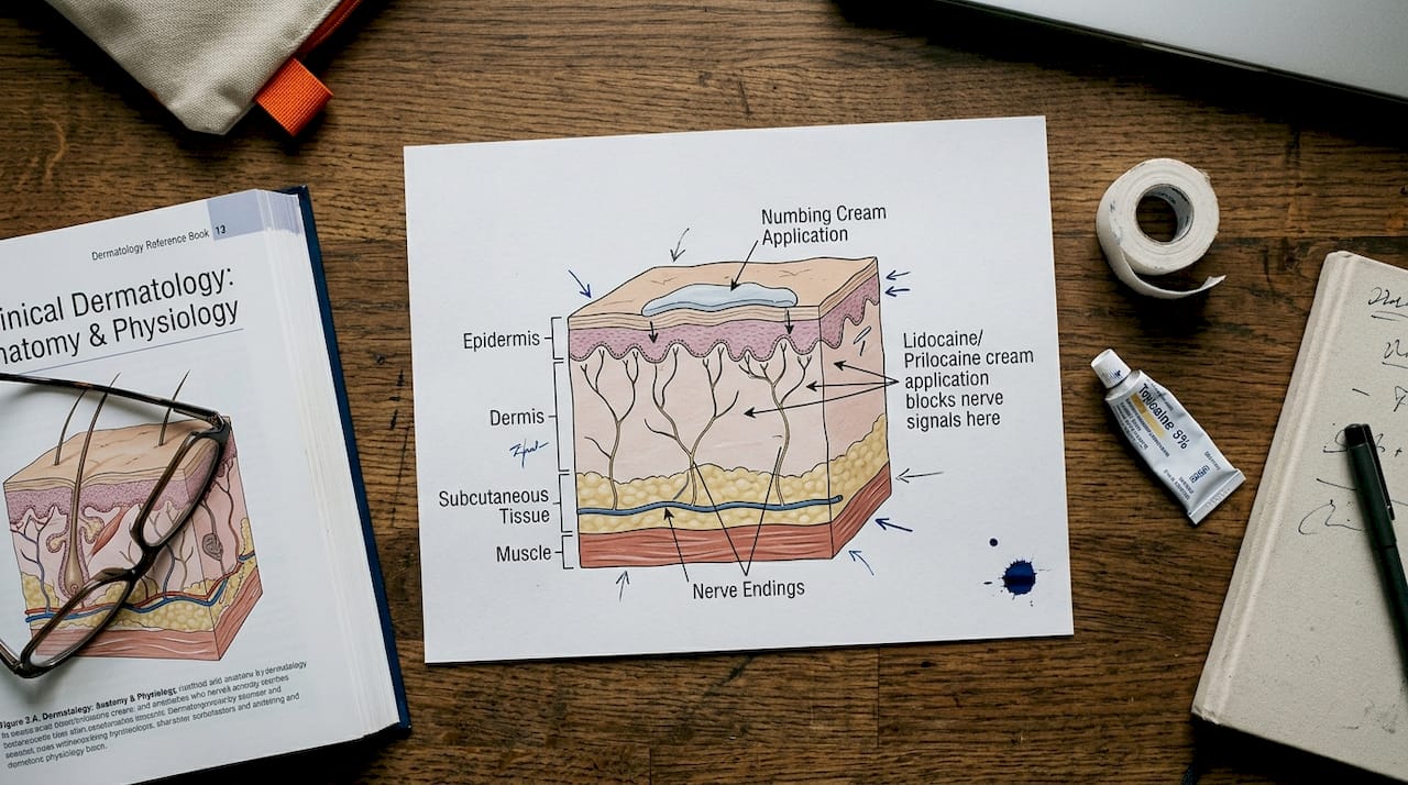 Diagram showing how numbing cream blocks pain signals
