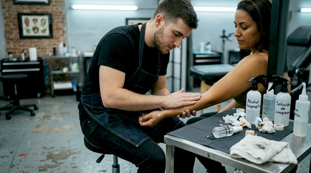 Tatuador dando suaves golpecitos para limpiar la piel