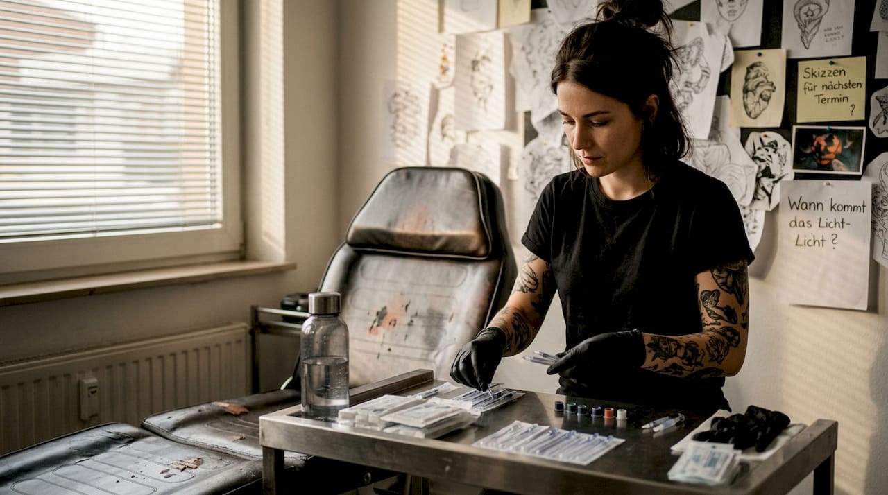 Der Tätowierer richtet das Studio für den nächsten Termin her.