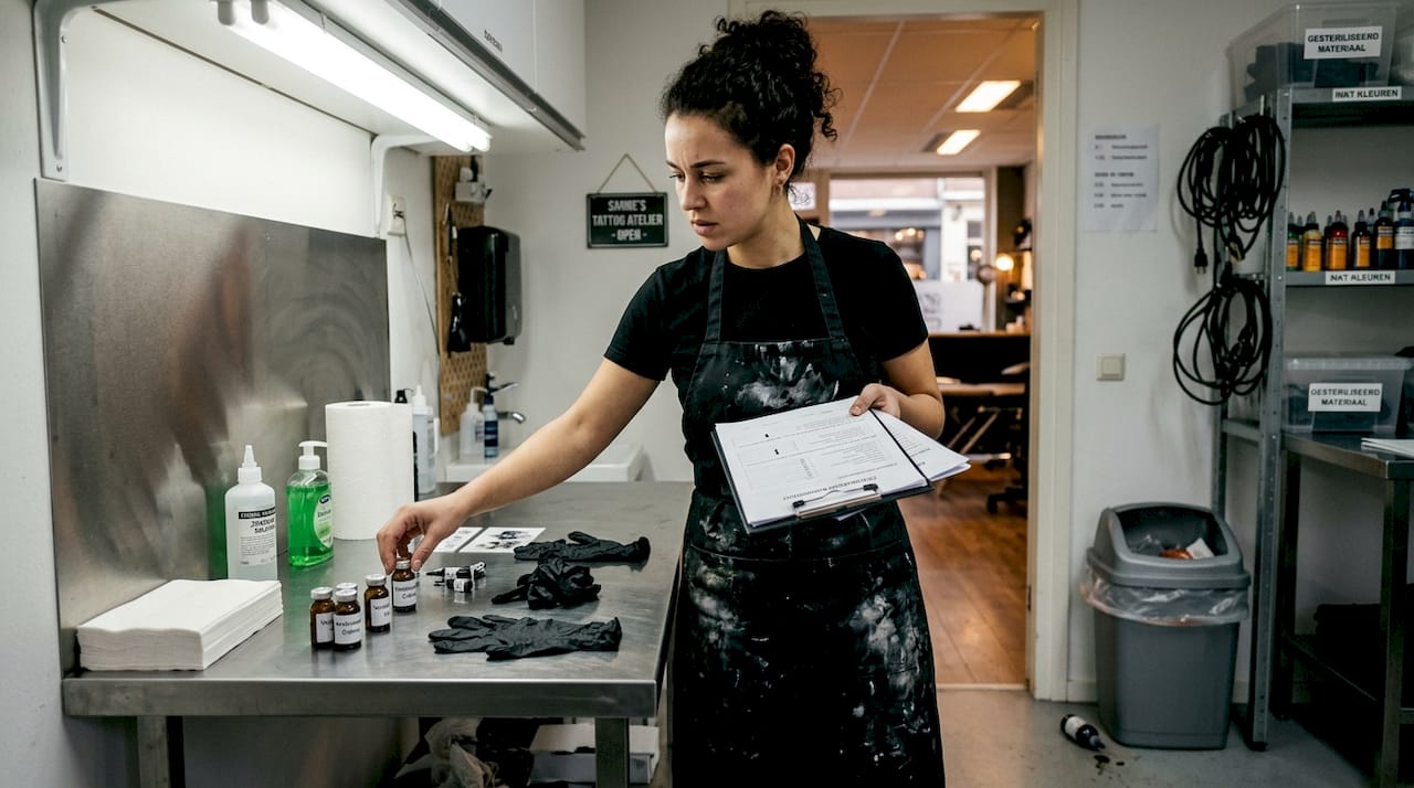 De tatoeëerder legt de benodigdheden klaar om de pijn zo veel mogelijk te verzachten.