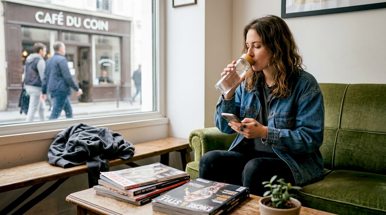 Un client prend soin de bien s’hydrater avant son rendez-vous pour se faire tatouer.