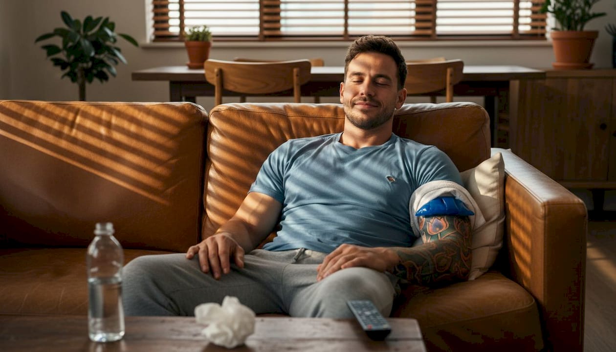 Man houdt een coldpack tegen zijn verse tatoeage om de pijn te verzachten.