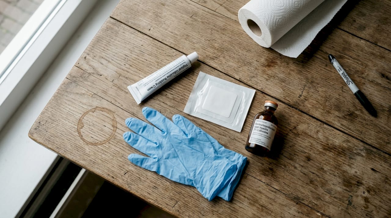 Verschillende verdovende middelen voor tatoeages uitgestald op tafel
