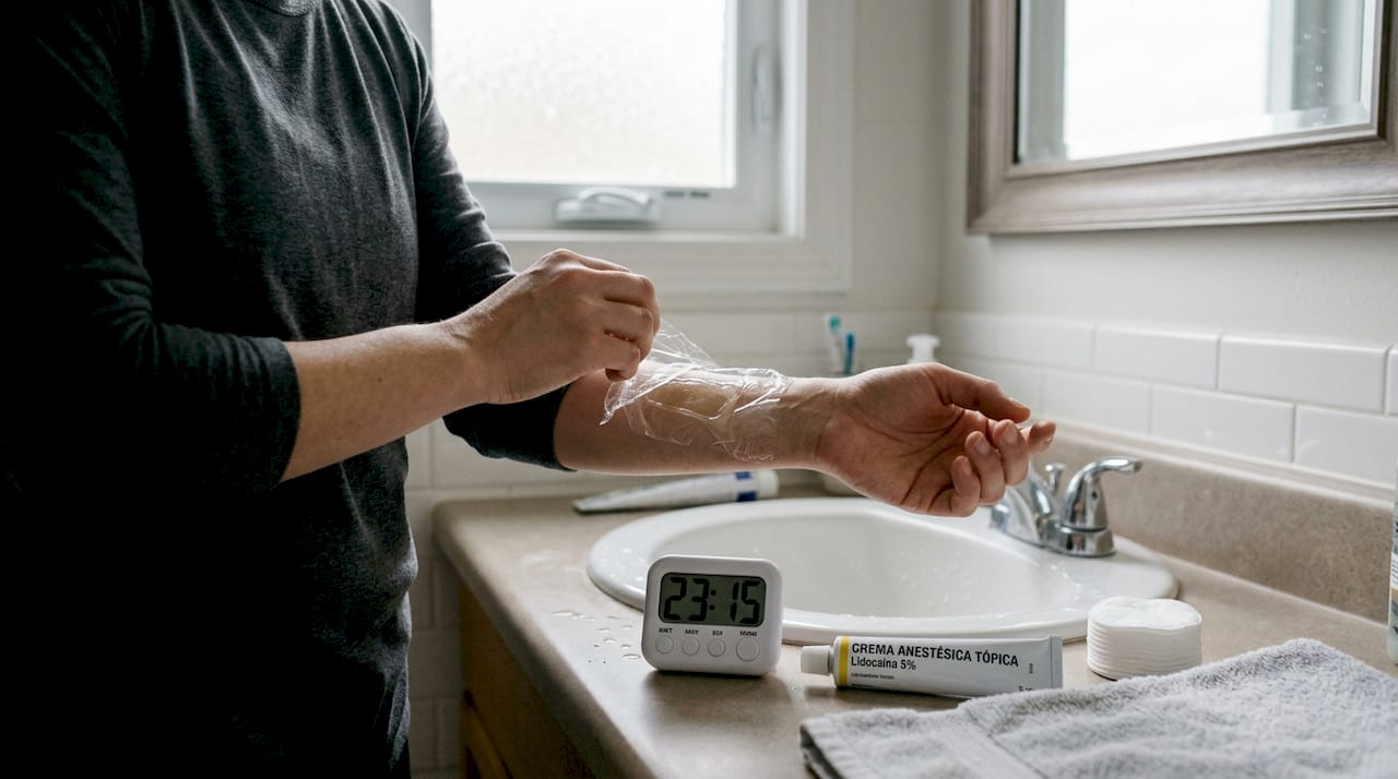 Una mano cubre con un film plástico el anestésico aplicado en el antebrazo.