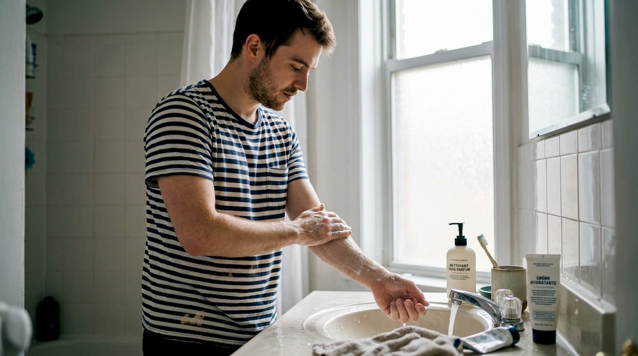 Une personne prend soin de sa peau devant le lavabo de la salle de bain, prête à commencer sa routine beauté.