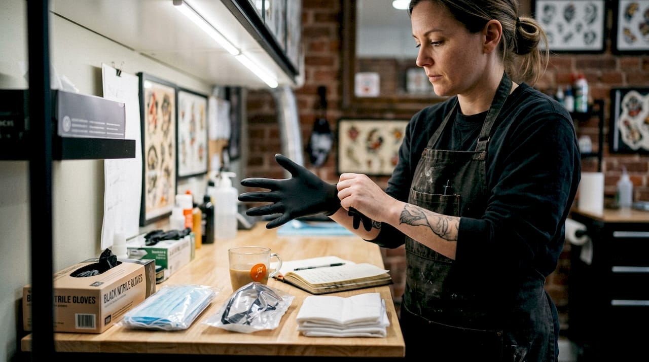 Tattoo artist using gloves and hygiene equipment