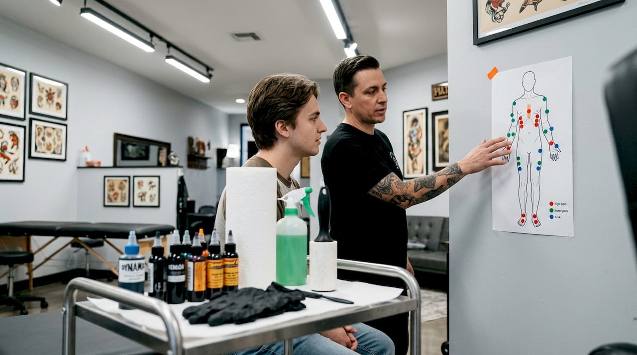Tattoo artist describes pain zones to client